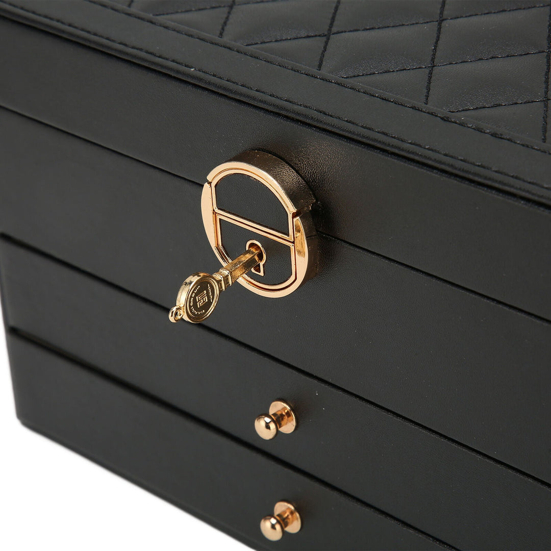 Closed elegant 3-tier leather jewelry organizer, a stylish dresser decor & storage solution.