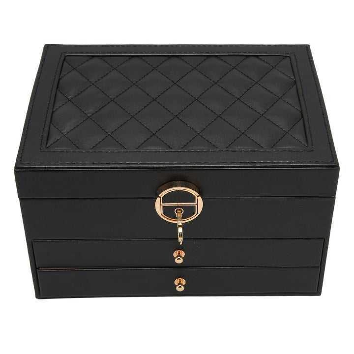 Elegant 3-tier jewelry organizer displaying rings, necklaces, earrings. Perfect for women's accessories.