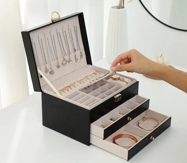 Side view of a sophisticated 3-tier leather jewelry storage organizer for efficient display & storage.