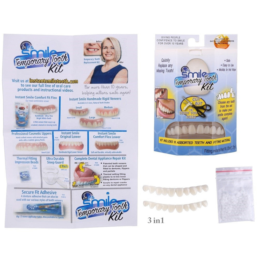 "Natural-look temporary false teeth, realistic design for seamless fit, suitable for men and women, enhances smile."