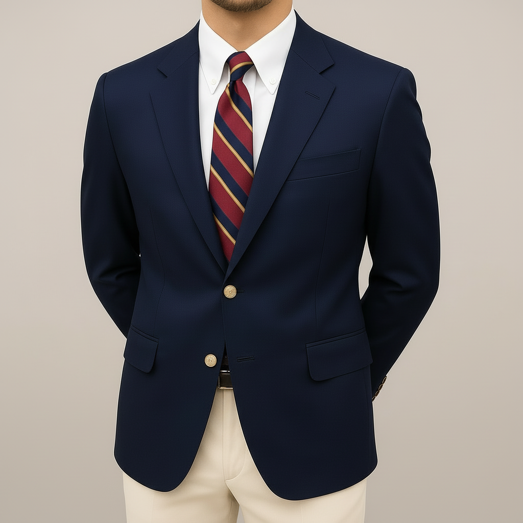Navy blue men's tailored spring blazer jacket with elegant fit, perfect for business casual