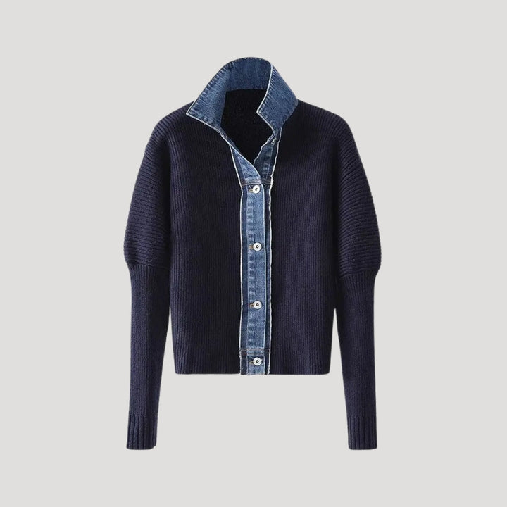 Navy women's layered button cardigan jacket, perfect spring outerwear for a casual chic look.