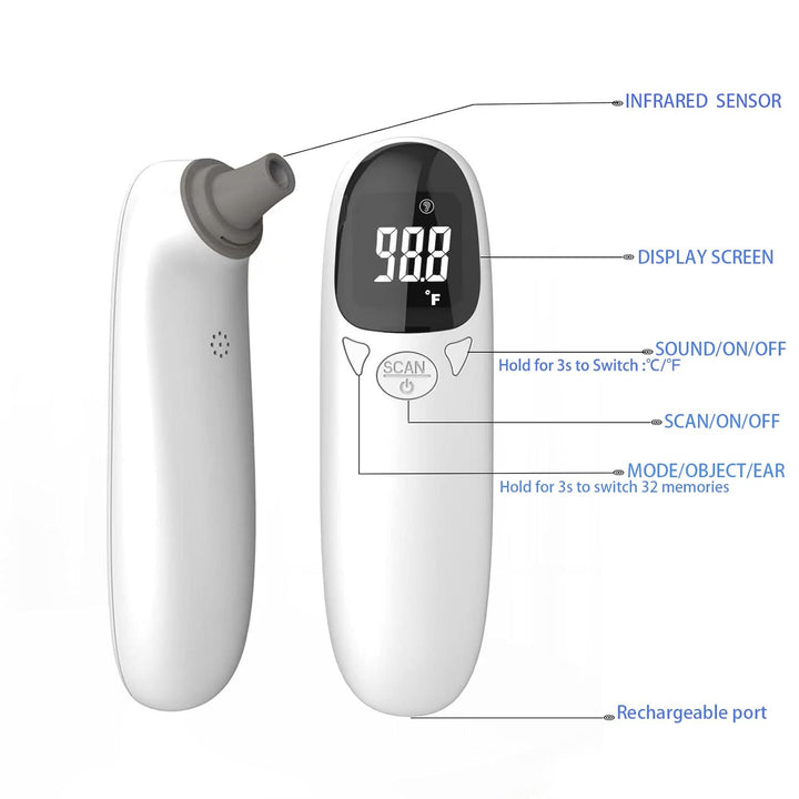 Non-contact infrared pet thermometer with LED display, advanced technology, measures ear temperature, hygienic design.