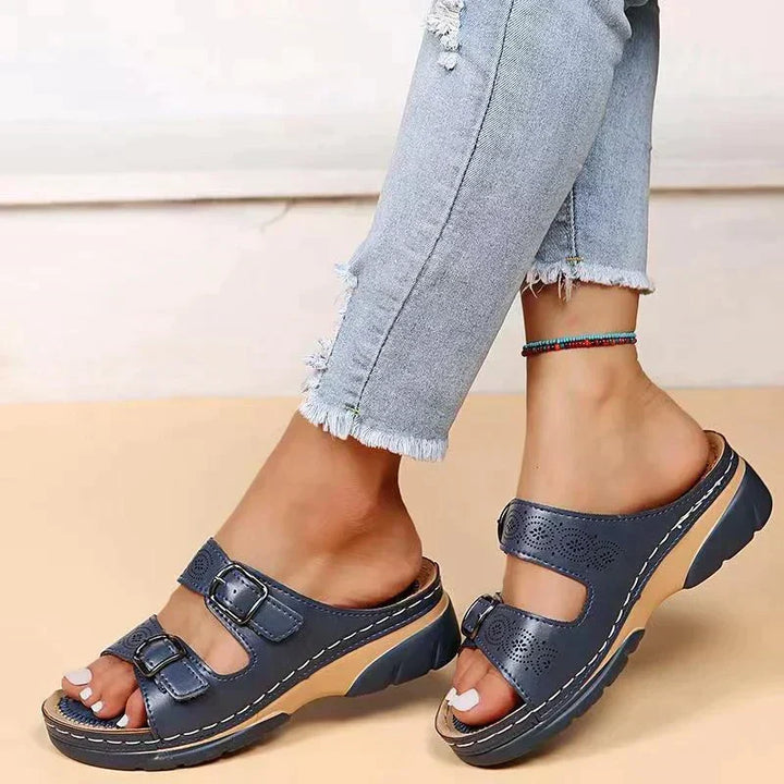 Elegant women's orthopedic sandals, Elena, featuring a comfortable wedge heel & dual adjustable buckles for summer.