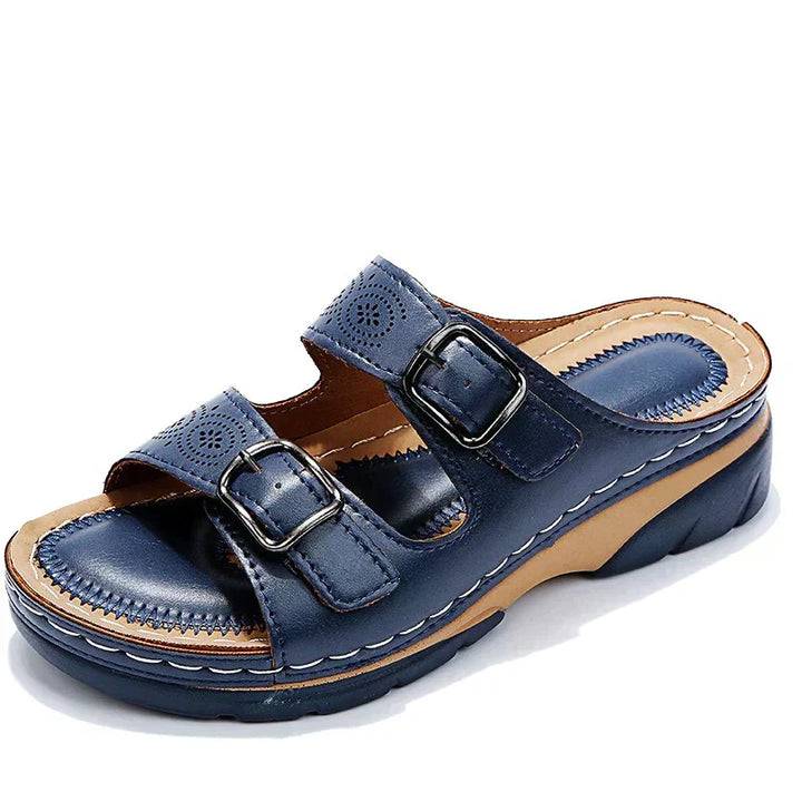 Adjustable women's Elena orthopedic sandals for comfort, featuring dual buckles, foot support & a casual wedge heel.