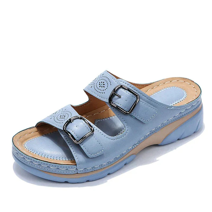 Women's Elena orthopedic sandals: comfort footwear with dual buckles, supportive wedge heel & adjustable fit for summer.