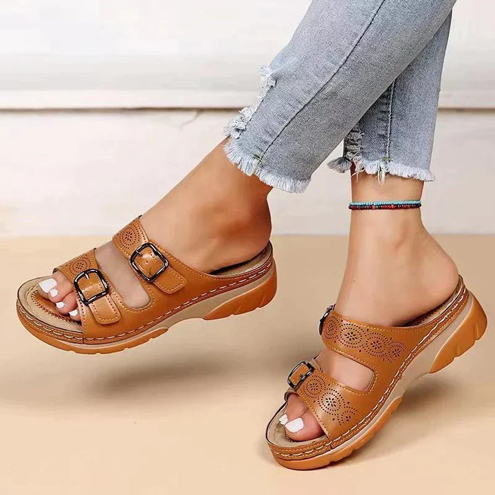 Women's orthopedic comfort sandals, Elena, with stylish dual buckle design & foot support for summer.