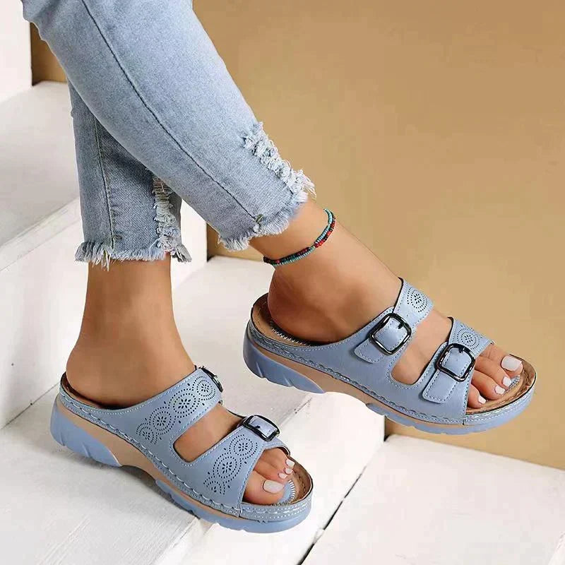 Elena orthopedic sandals for women offering superior arch and foot support, with adjustable dual buckles & wedge heel.
