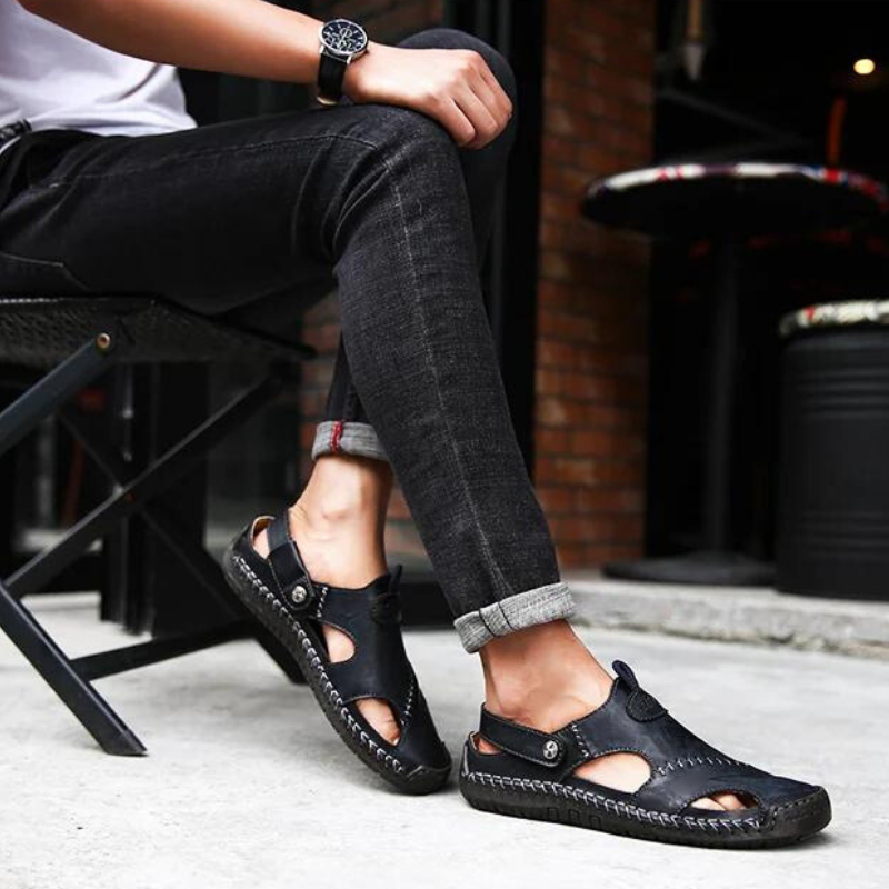 Brown men's orthopedic sandals, stylish leather, with cushioned sole for ultimate comfort & support.