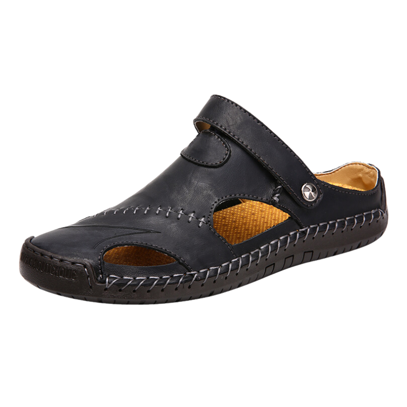 Men's Orthopedic Comfort Sandals, brown leather, adjustable straps for walking.