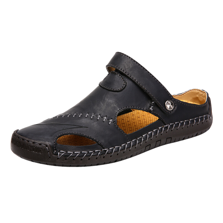 Men's Orthopedic Comfort Sandals, brown leather, adjustable straps for walking.