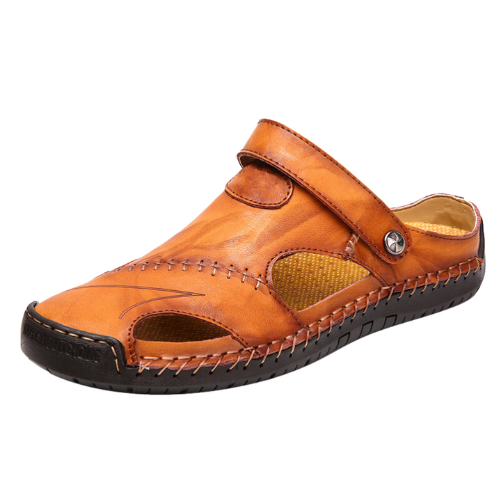 Orthopedic men's slip-on sandals, black leather, with arch support for summer walking.
