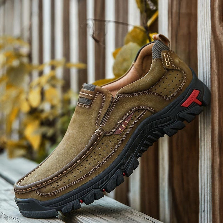 Men's outdoor walking shoes with strong arch support, cushioned for comfort during long hikes.