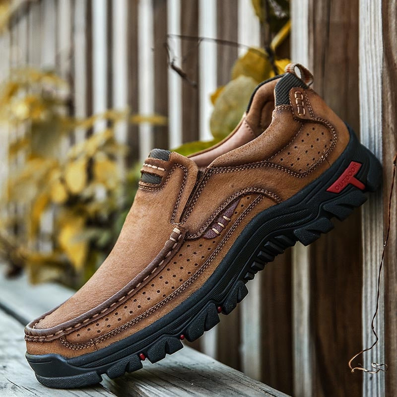 Grey men's orthopedic hiking shoes, designed for ultimate arch support & all-day walking comfort.