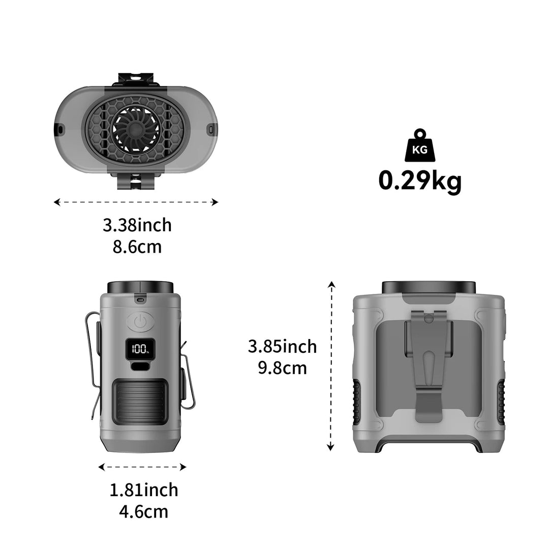 Outdoor 10000mAh waist fan with LED light, clippable, durable, and sweatproof, ideal for camping and hiking adventures.
