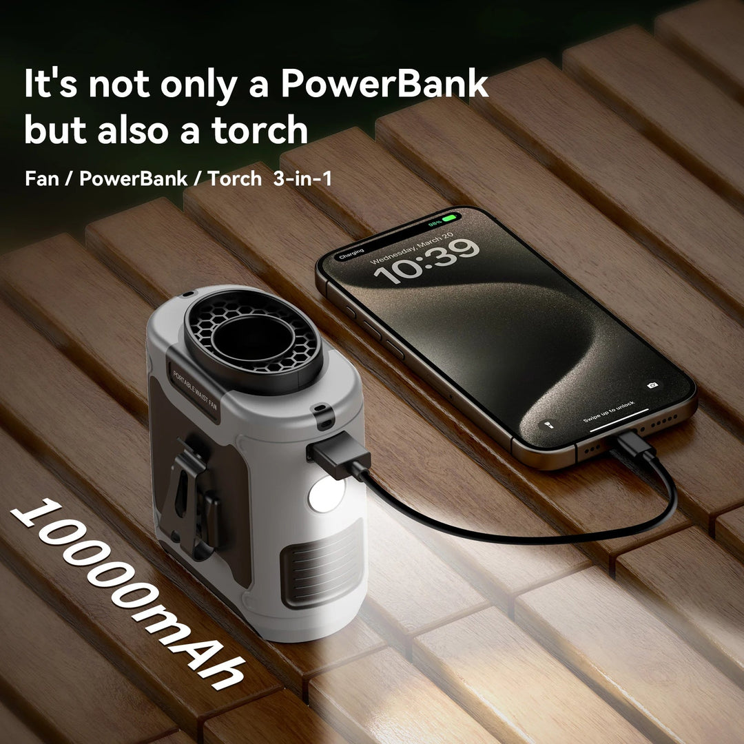 Outdoor 10000mAh waist fan with LED light, clippable, durable, and sweatproof, ideal for camping and hiking adventures.