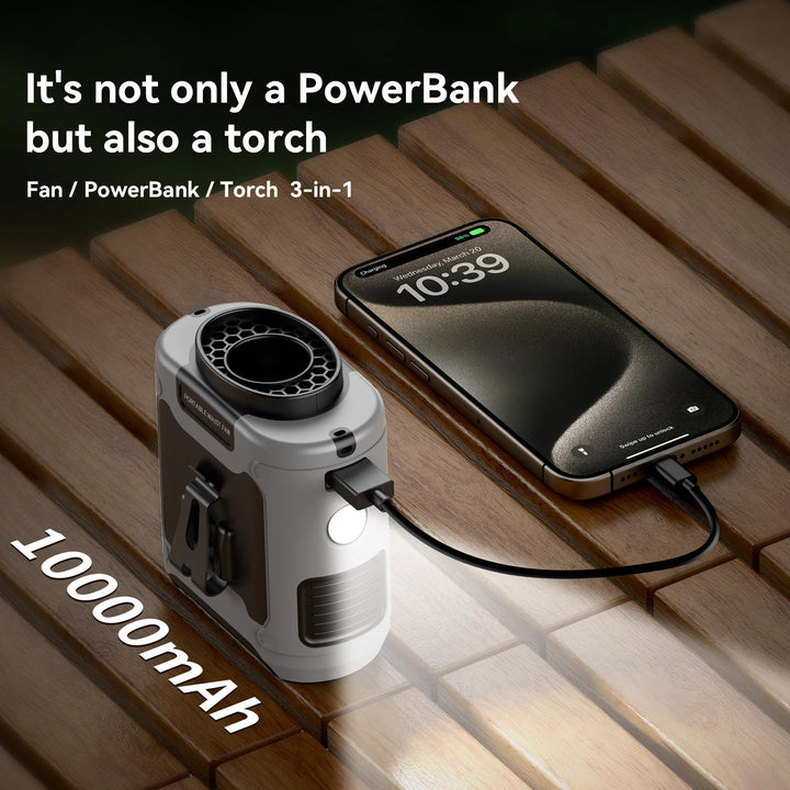 Outdoor 10000mAh waist fan with LED light, clippable, durable, and sweatproof, ideal for camping and hiking adventures.