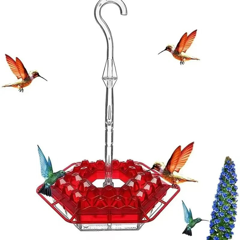 Bright red ant-proof hummingbird feeder with comfortable perches, protecting nectar from pests.