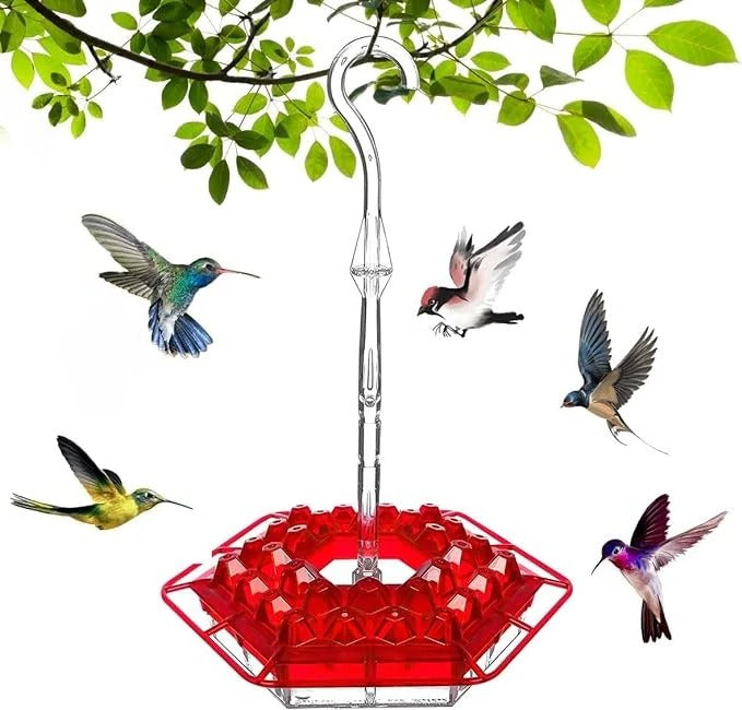 Hanging ant-proof hummingbird feeder, a clear polycarbonate design for outdoor garden bird watching.