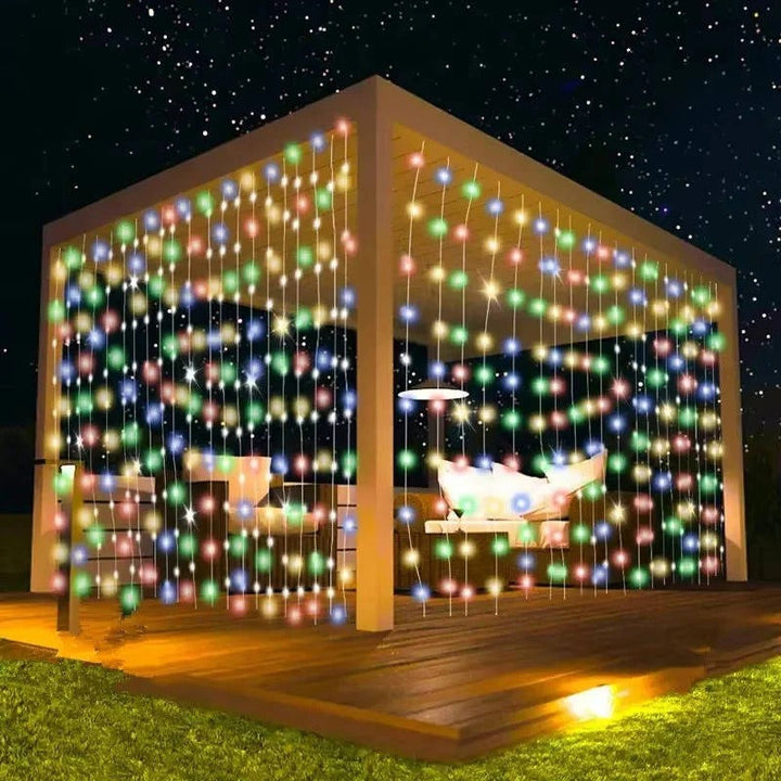 Beautiful solar LED curtain lights for enhancing outdoor patio and garden parties.
