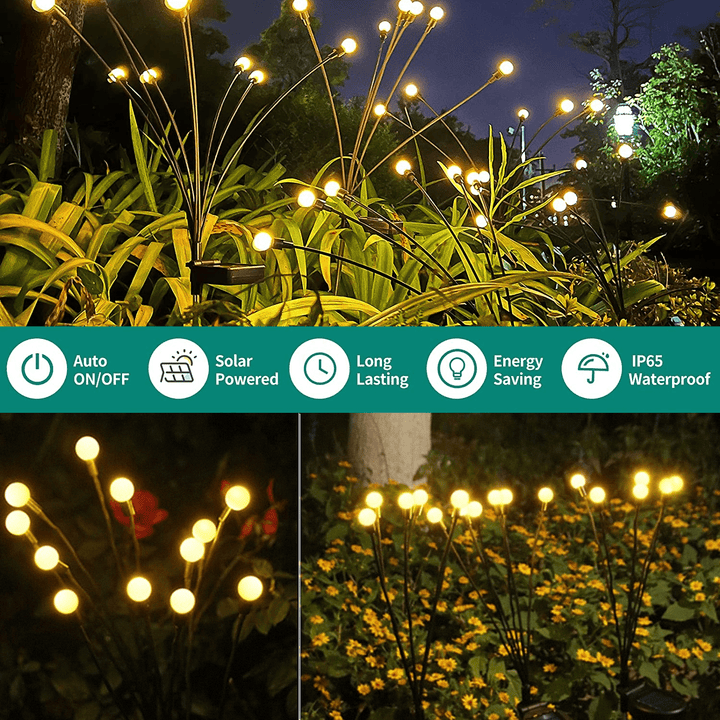 "Outdoor solar firefly garden lights with glowing LED bulbs on tall stakes, IP65 waterproof for enchanting yard decor."