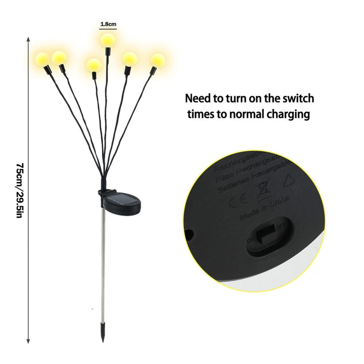 "Outdoor solar firefly garden lights with glowing LED bulbs on tall stakes, IP65 waterproof for enchanting yard decor."