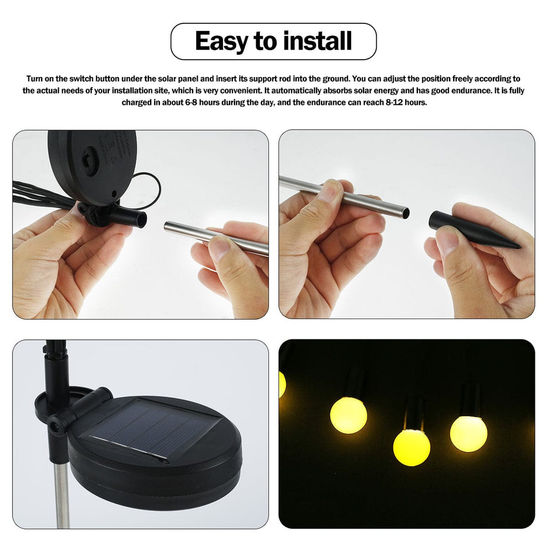 "Outdoor solar firefly garden lights with glowing LED bulbs on tall stakes, IP65 waterproof for enchanting yard decor."