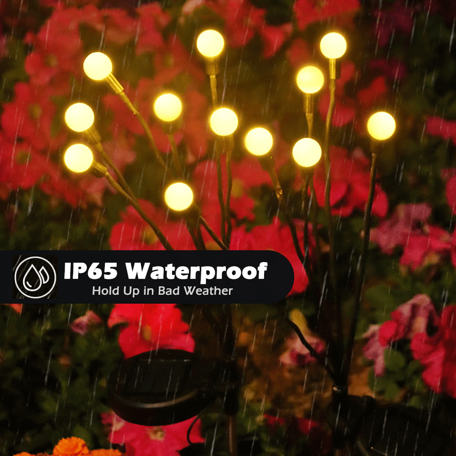 "Outdoor solar firefly garden lights with glowing LED bulbs on tall stakes, IP65 waterproof for enchanting yard decor."