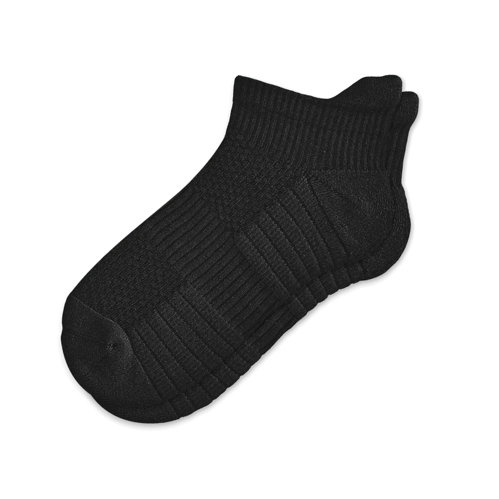 Pair of black unisex ankle compression socks, showing ergonomic design for support & comfort