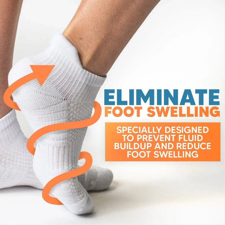 Model wearing grey ankle compression socks, demonstrating subtle look & comfortable fit