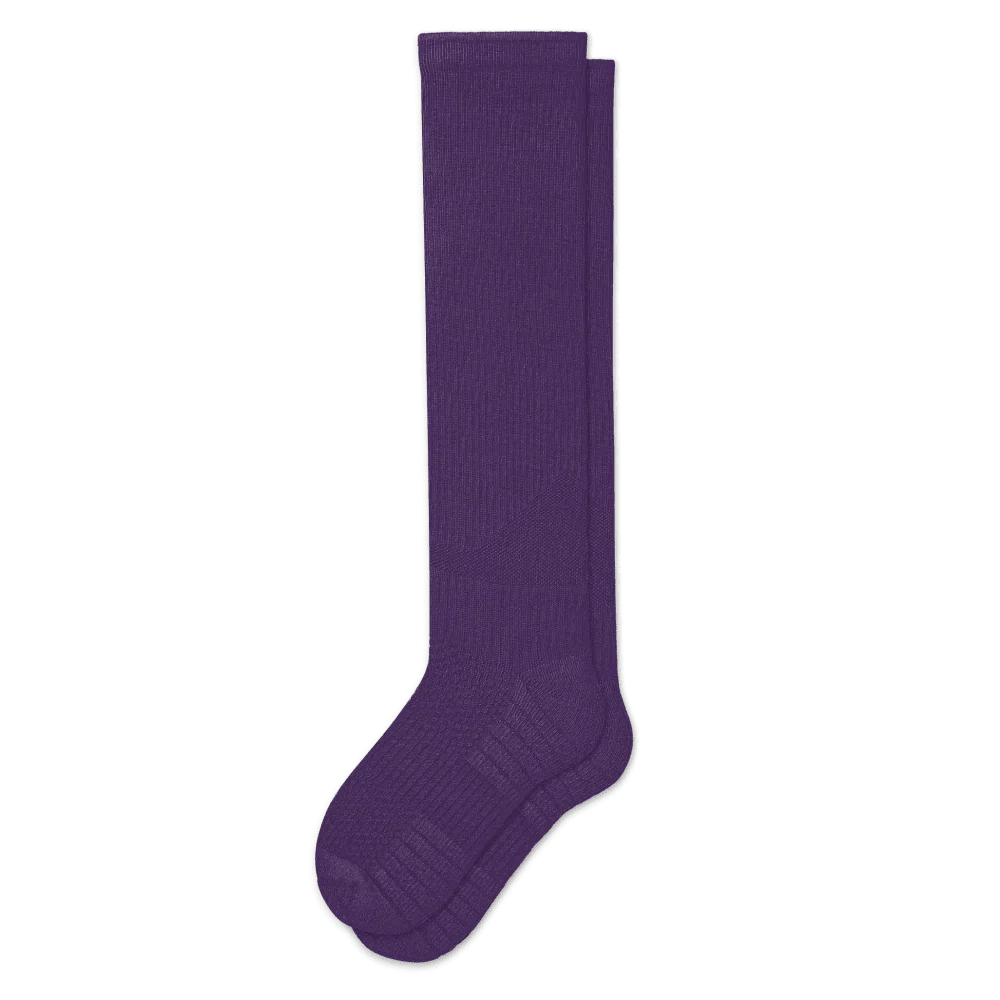 Close-up of the comfortable knit texture of royal purple compression socks for daily wear.