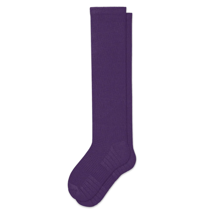 Close-up of the comfortable knit texture of royal purple compression socks for daily wear.