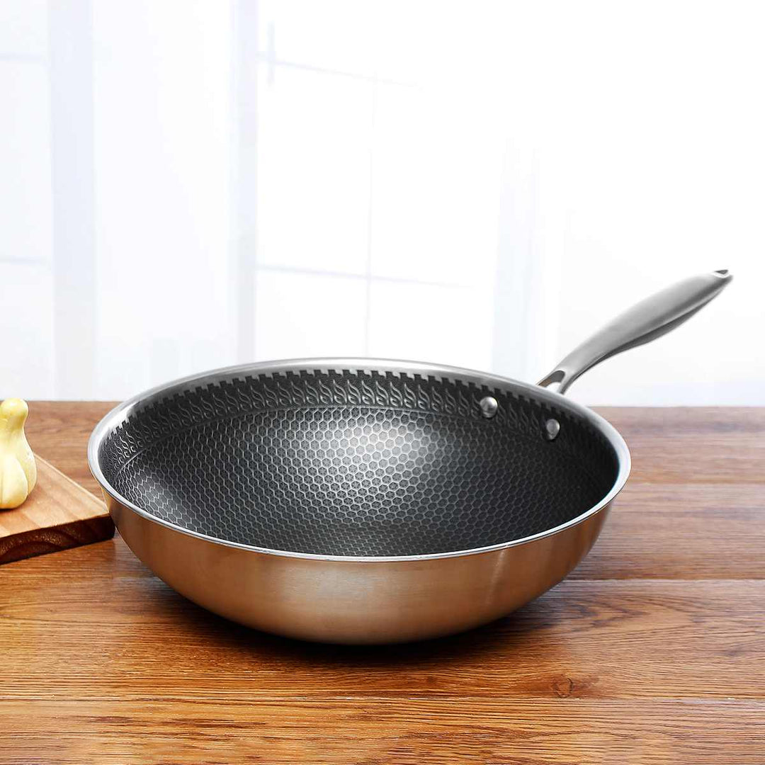 Premium stainless steel skillet. Durable non-stick frying pan for healthy kitchen cooking & searing.
