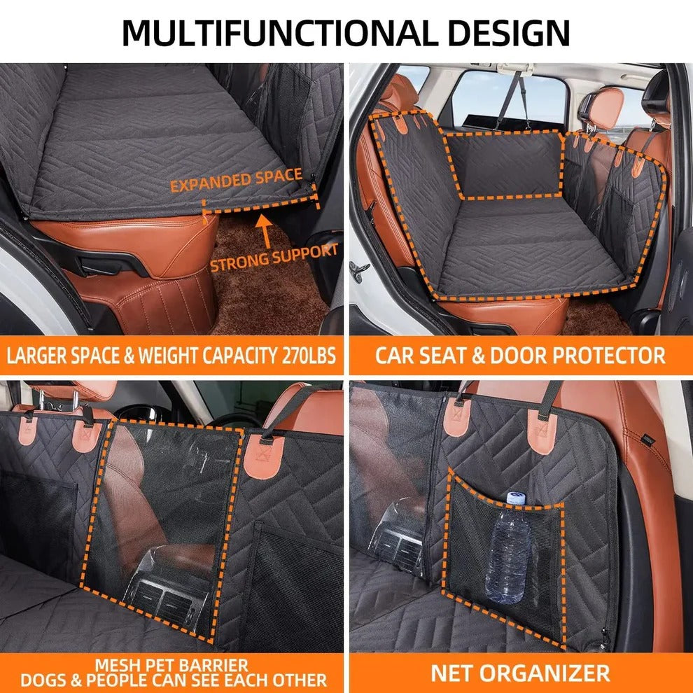 "Pet car seat extender with hard base, adjustable straps, side walls, for medium-large dogs in vehicle backseat."