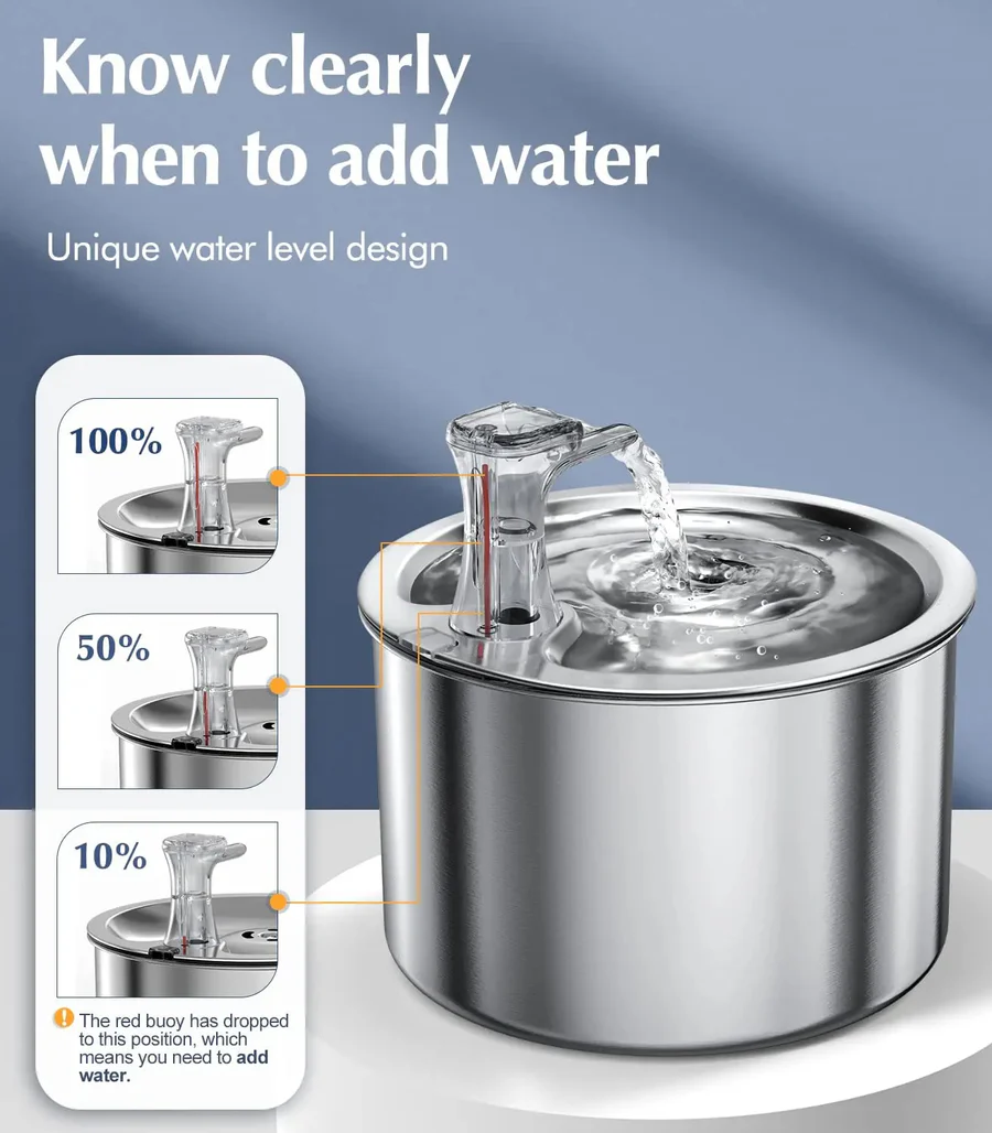 Durable stainless steel cat & dog water fountain with filter & smart motion sensor for clean, fresh pet hydration.