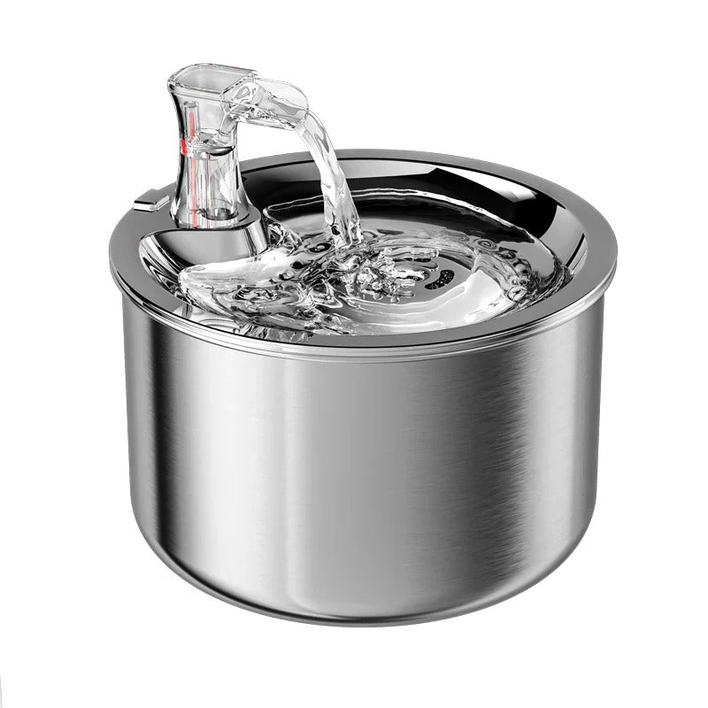Automatic stainless steel pet water fountain with filter & smart sensor ensures continuous, healthy hydration for pets.