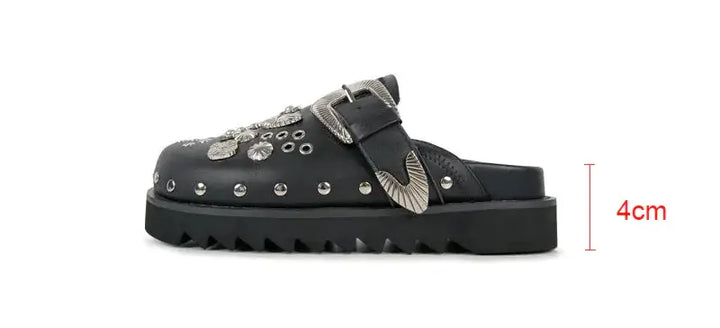 Bold studded black platform sandals for women, adding an edgy touch to any outfit.