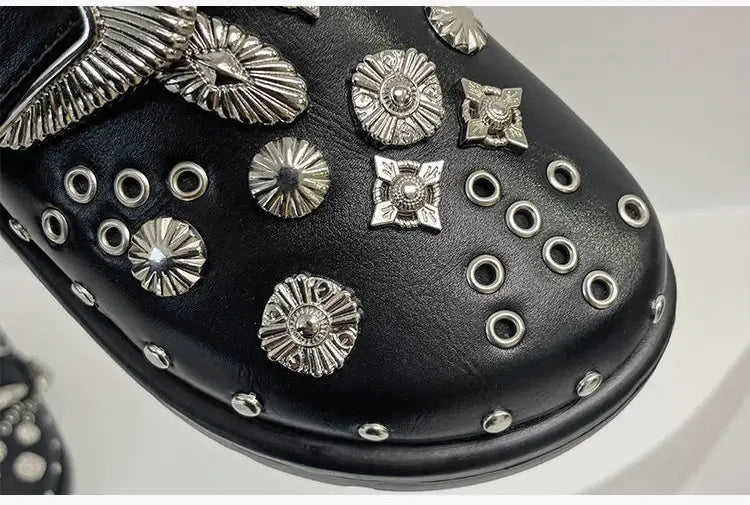 Comfortable women's studded platform sandals in black, designed for bold fashion statements.