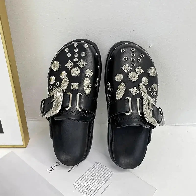Women's black studded platform sandals, perfect for edgy style & all-day comfort.