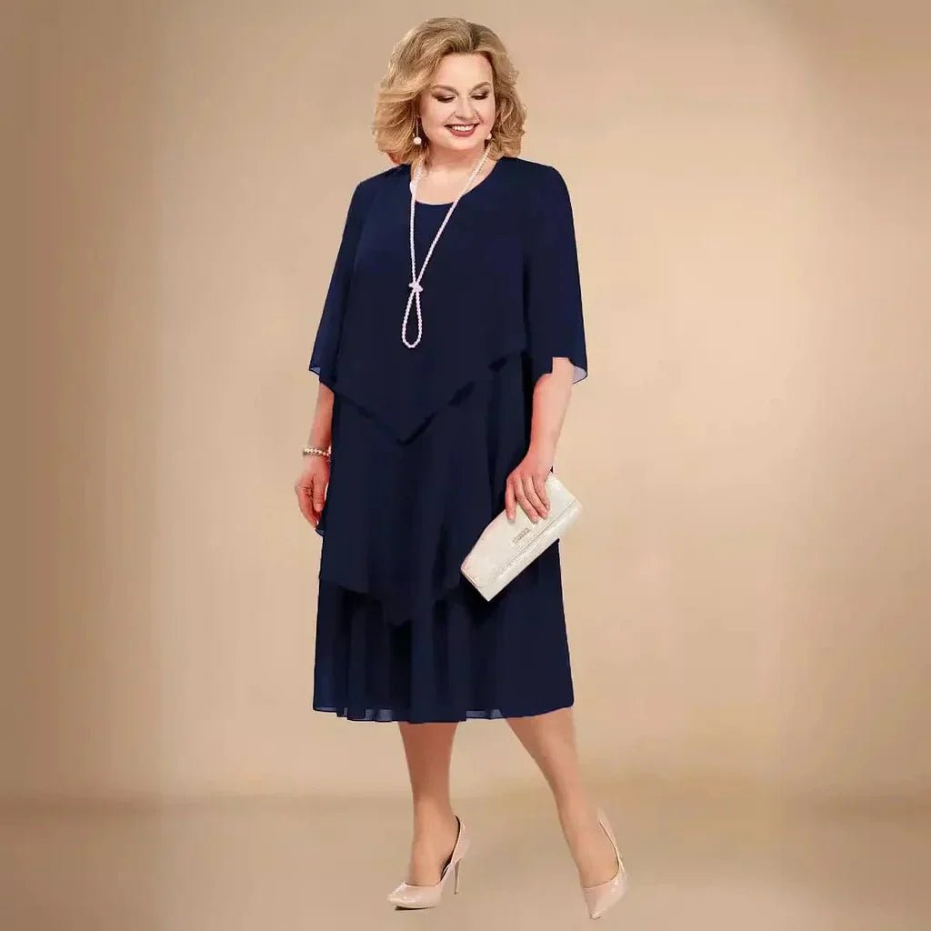 Chiffon plus size women's formal dress, elegant layered asymmetrical design, comfortable knee length.