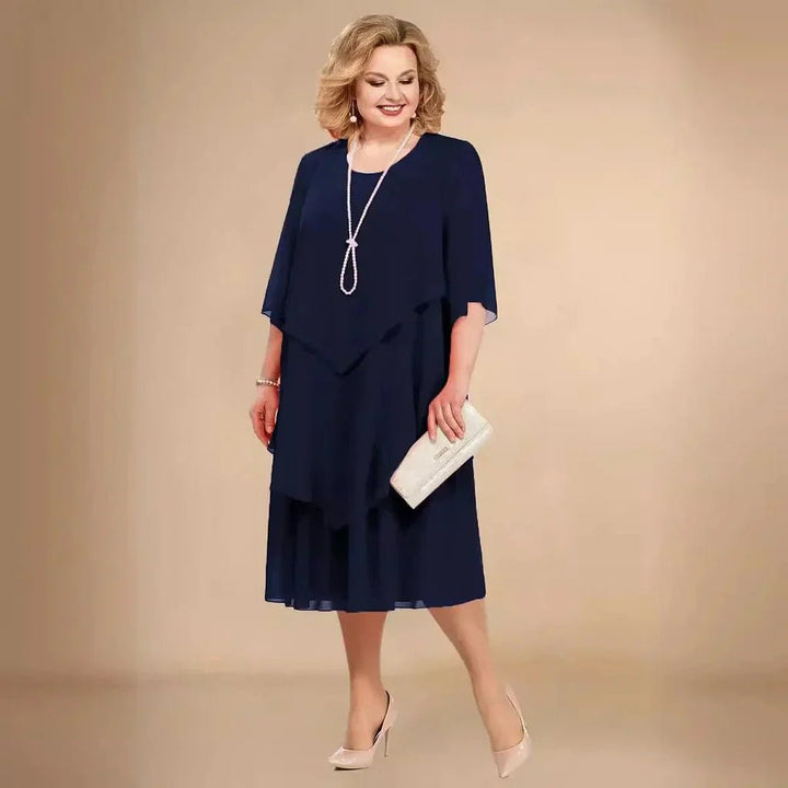 Chiffon plus size women's formal dress, elegant layered asymmetrical design, comfortable knee length.