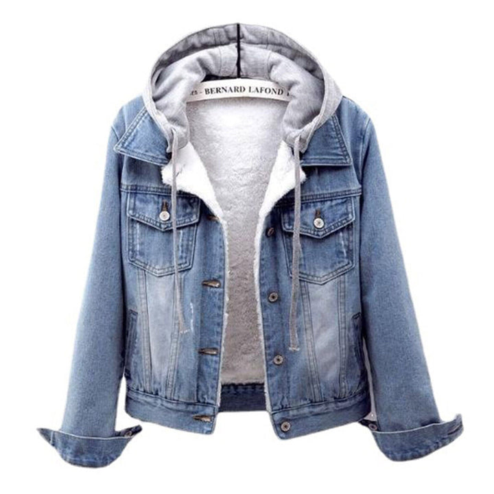 Plus size women's hooded denim jacket, perfect for fall and winter casual wear.