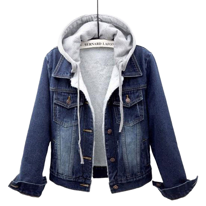 Trendy cropped plus size hooded denim jacket for women, stylish fall fashion outerwear.