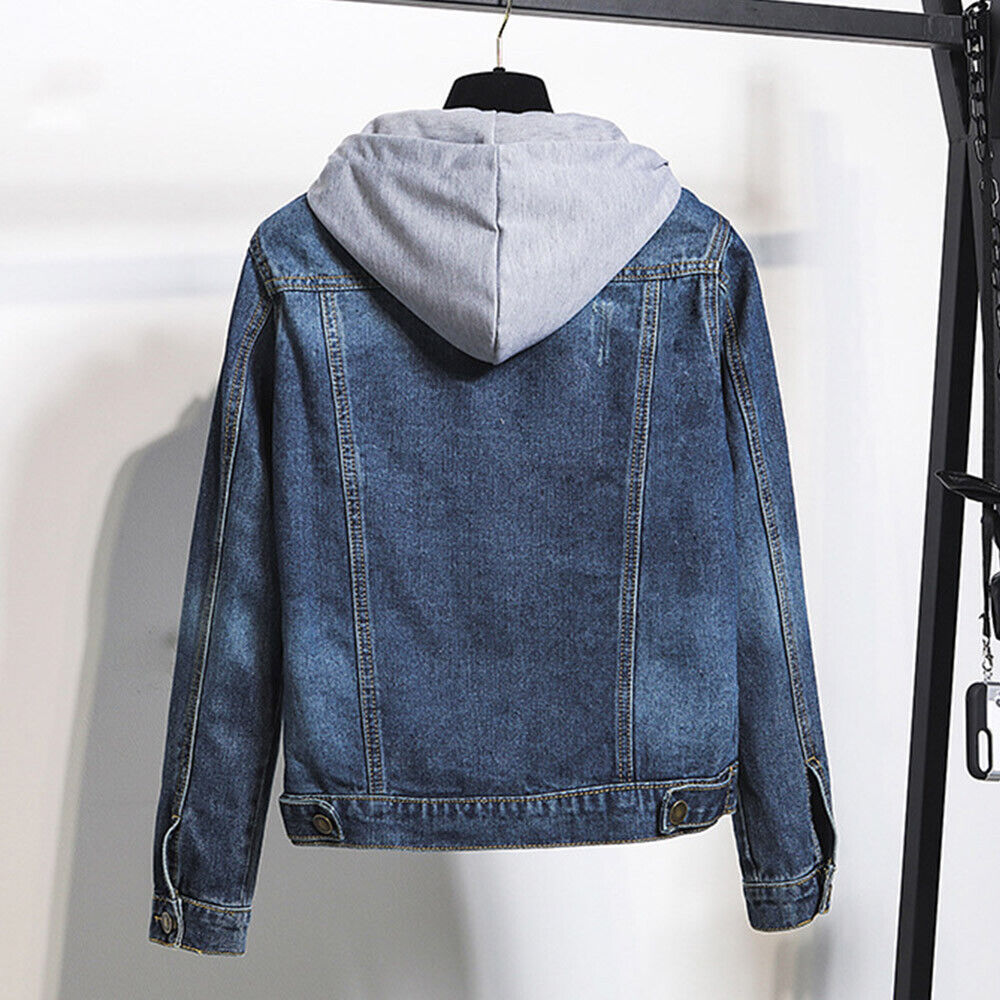 Cozy plus size women's hooded denim jacket, essential fall & winter outerwear for casual comfort.