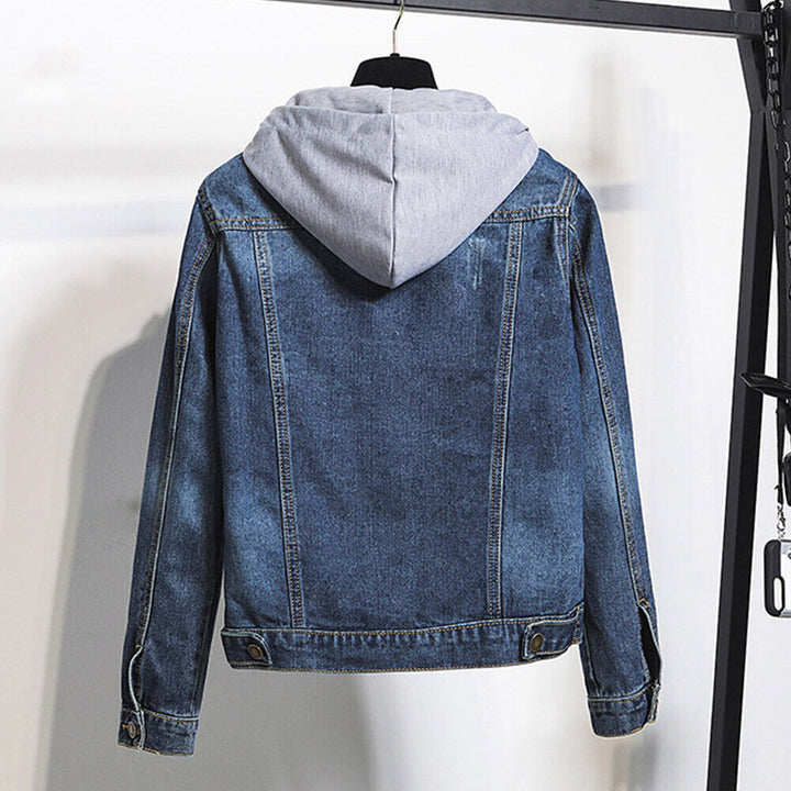Cozy plus size women's hooded denim jacket, essential fall & winter outerwear for casual comfort.