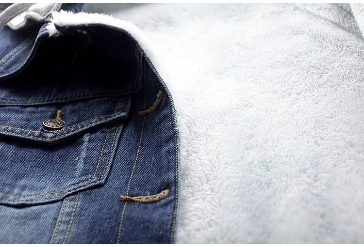 Model wearing a chic plus size hooded denim jacket, ideal women's fall & winter casual outerwear.