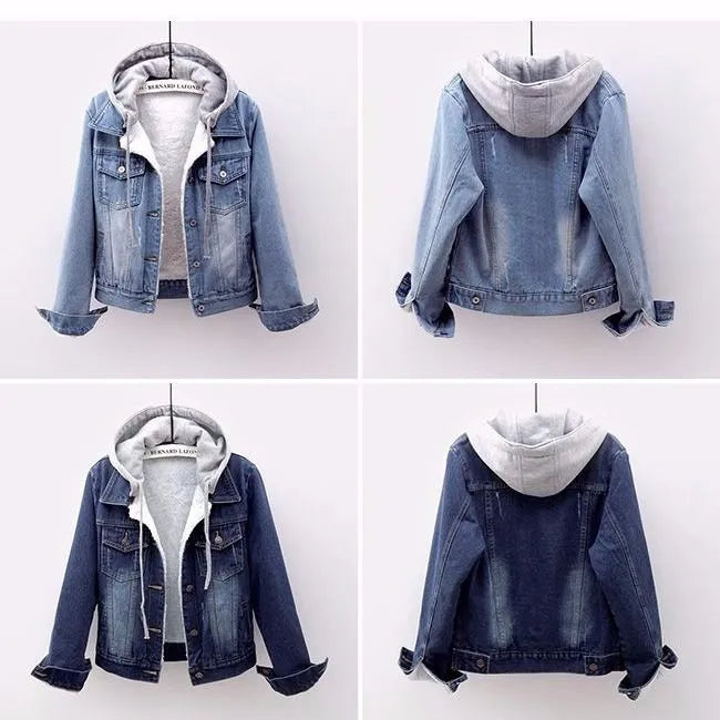 Dark wash plus size women's hooded denim jacket, a stylish & warm option for fall & winter.