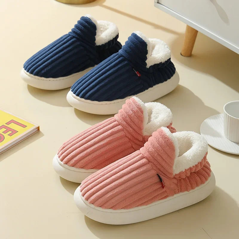 Top view of cozy unisex indoor slippers, highlighting their plush and comfortable style