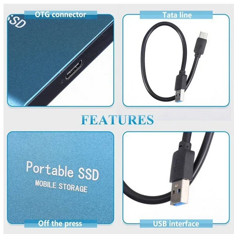 Front view of a portable 128TB external SSD drive next to a laptop, emphasizing fast data storage & backup.