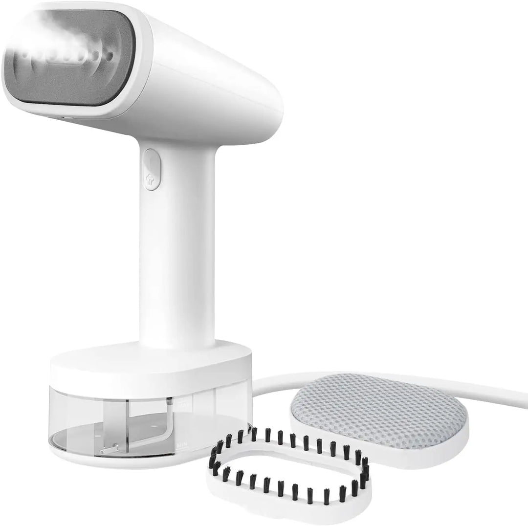 Portable 1500W garment steamer quickly removes wrinkles from clothes, perfect for home and travel.